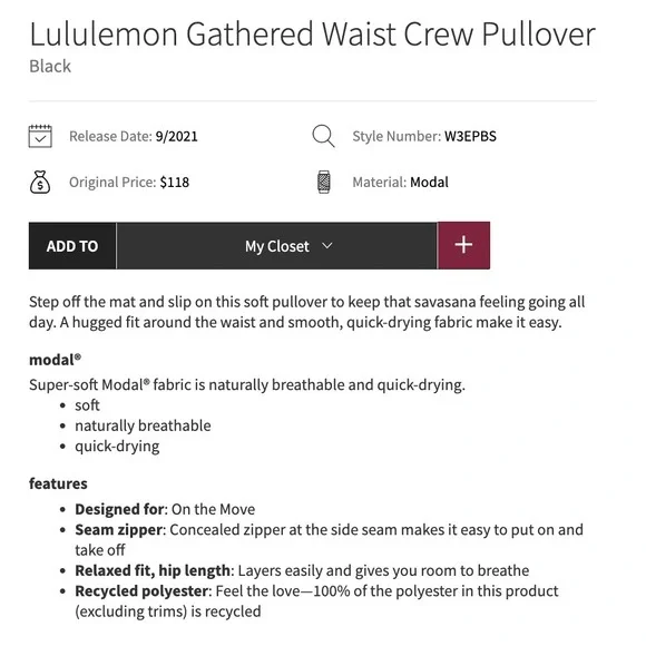 Lululemon Gathered Waist Crew Pullover Black Modal Sweatshirt W3EPBS Size 6 - Picture 8 of 8